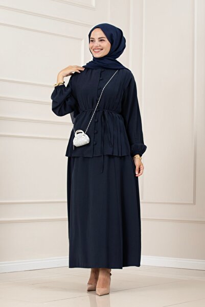 Sevitli Birit Detailed Pleated Lavin Double Set - Dark Blue