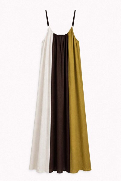 elif teke Dubaiy Three Color Striped Dress Brown