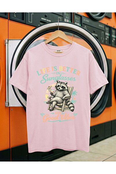 Cool Rakun Baskılı Oversize Unisex Tişört | Life Is Better in Sunglasses |
