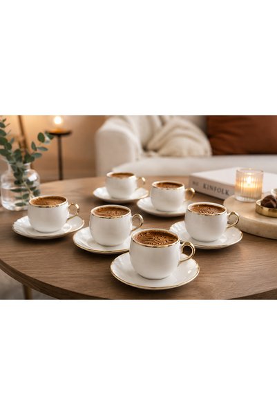 CEZVE HOME 6 Kişilik Porselen Türk Kahvesi Fincan Takımı Beyaz Gold Detaylı 1...