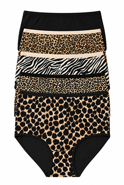 Nicoletta Women's Panties 5 Pack Lycra Cotton Leopard High Waist Brown
