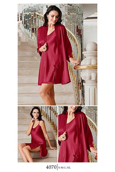 Flosh Lingerie Yırtmaç Detaylı Kadın Saten Gecelik Sabahlık Takım
