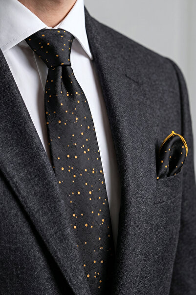 Milleniva Night Patterned Black Gold Tie & Handkerchief
