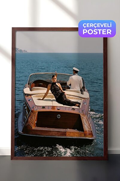Postifull Boat and Woman Poster, Brown Framed Poster, Old Money Series, No:11...