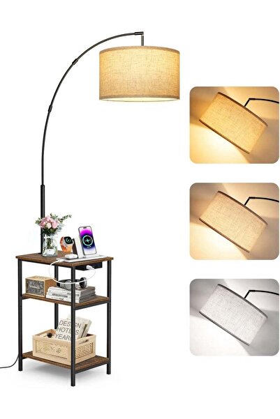 OUTON Arc Floor Lamp with Side Table & Charging, 193 cm Tall, Dimmable LED, 3...