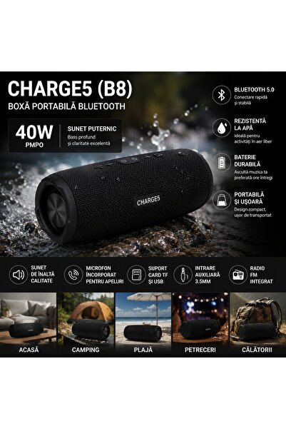 OEM Boxă Portabilă CHARGE5 (B8), 40W PMPO, Bluetooth, Rezistentă la Apă,