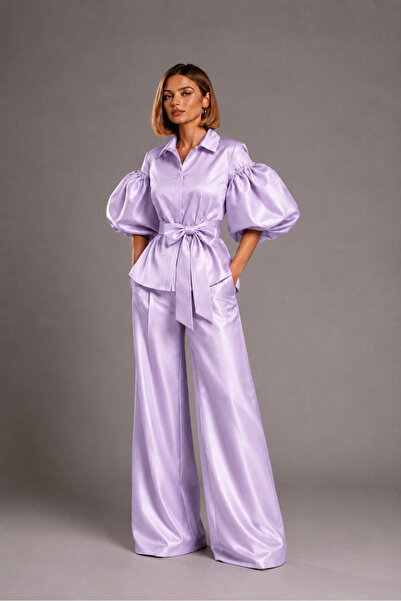 UNTIMELY Light Lilac Taffeta Balloon Sleeve Shirt & Wide Leg Pants Set