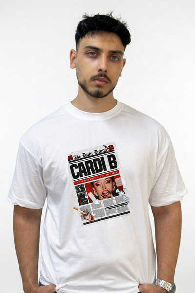 Anetos تي شيرت أبيض كبير الحجم مطبوع بتصميم Cardi B_56