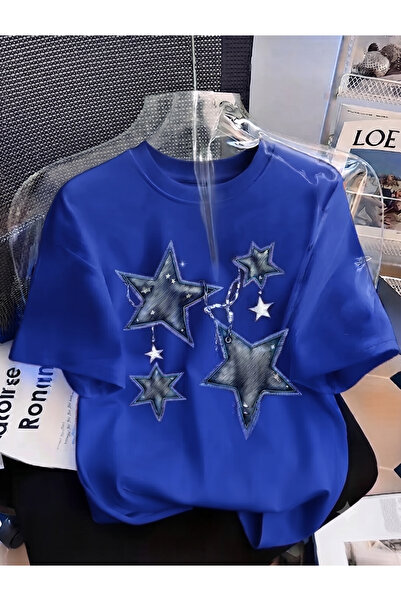 KOZAİ OUTDOORS Women's Oversize Crew Neck / Chain 4 Star Printed Combed Cotto...