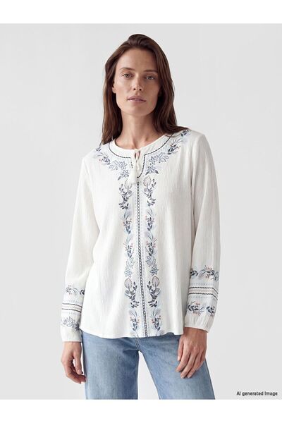 LC Waikiki Lcw Grace Ecru Tie-Neck Patterned Blouse