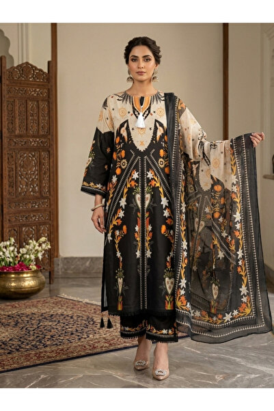 MYSMAR Black & Beige Digital Printed Lawn Suit Set - AFK9052 | Black & Beige