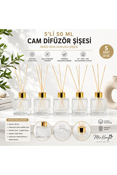Mirkimya 5’li 50 ml Çizgili Kare Cam Difüzör Şişesi Gold Kapaklı