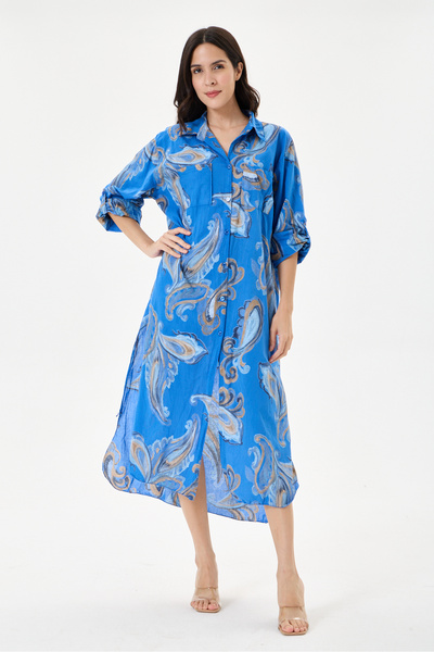 della moor Saks Blue Italian Shawl Pattern Side Slit Folded Long Sleeve Overs...