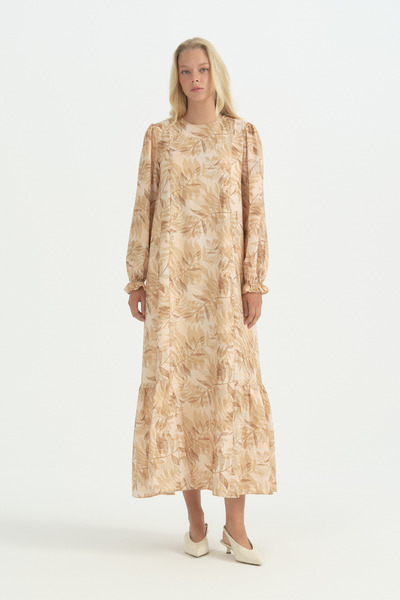 Nihan Gathered Sleeve Belted Dress - Beige