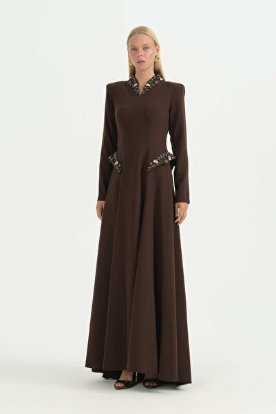 Nihan Shiny Stone Crepe Dress - Brown