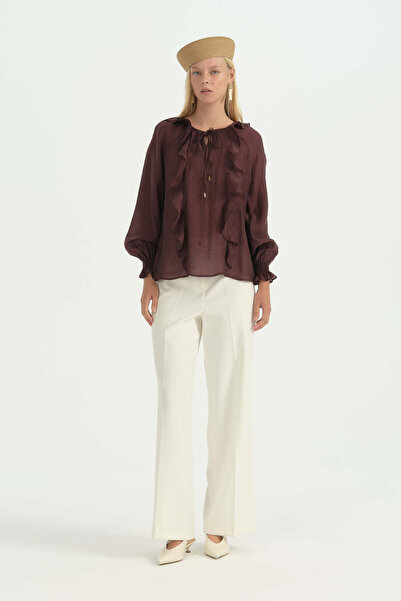 Nihan Romantic Lyocell Blouse with Volan and Ruched Detail - Plum