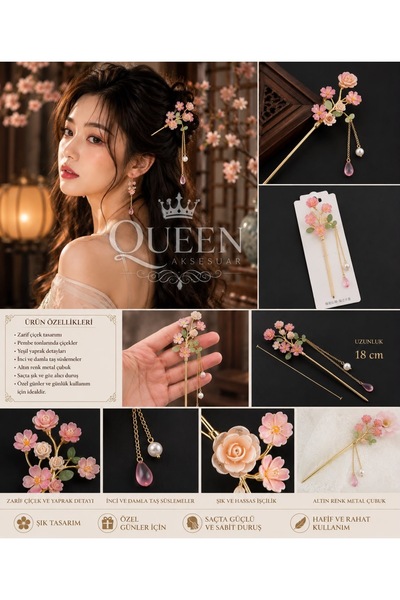 QUEEN AKSESUAR Chinese Hairpin Gold Pink Elegant Bohemian Rose Flowered Stone...