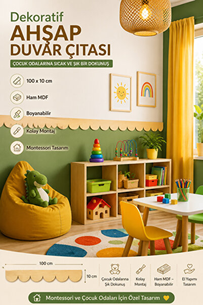 Boncukafası Dekoratif Ahşap Duvar Çıtası 100x10 cm | Montessori Çocuk Odası D...