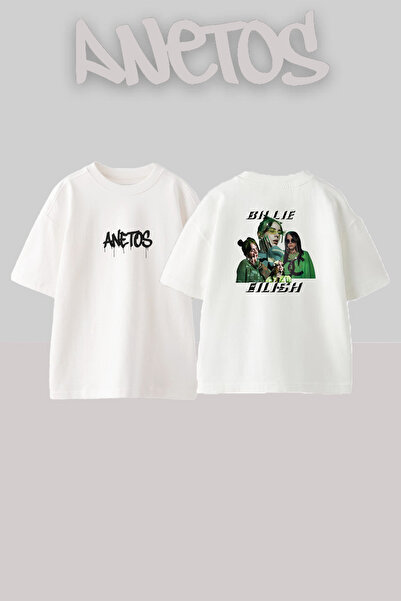 Anetos Billie Eilish_117 Λευκό μπλουζάκι με τυπωμένο σχέδιο Unisex Oversize