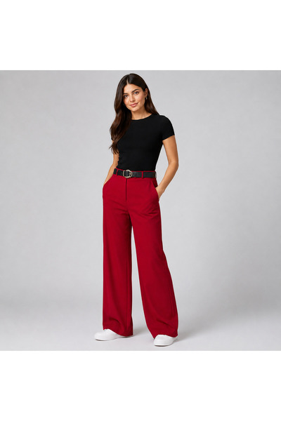 Emporya Women's Burgundy Belt Detailed Pocketed High Waist Comfortable Wide Leg Palazzo Trousers