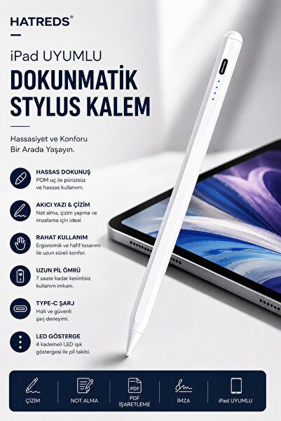 Hatreds iPad Uyumlu Type-C Şarjlı Dokunmatik Stylus Kalem POM Uçlu Hassas Çiz...