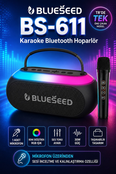 Kloee Karaoke Bluetooth Hoparlör 30W RGB Işıklı 1 Mikrofonlu Ses Kalınlaştırm...