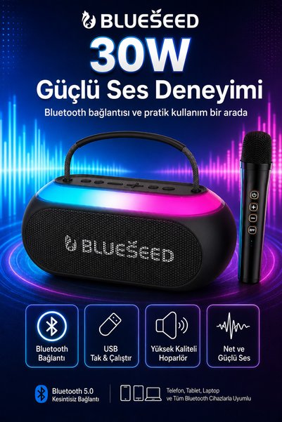 Kloee Karaoke Bluetooth Hoparlör 30W RGB Işıklı 1 Mikrofonlu Ses Kalınlaştırma İnceltebilme Özellikli Taşınabilir Hoparlör power bank özelliğine sahip