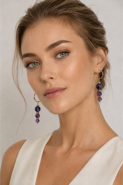 Camellie KY Jewels Violet Halo | A Kalite Fasetli Ametist Doğal Taş Altın Kap...