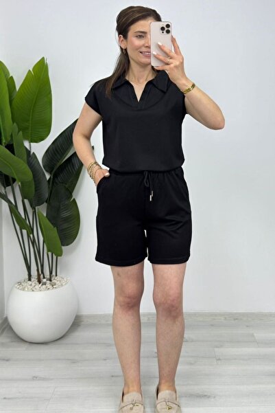 aura7 collection Kg Yaka Pi̇ke Black Modal Shorts Suit