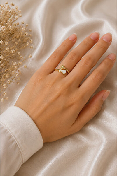 Belasso Steel Gold Color White Color Enamel Zircon Stone Adjustable Ring