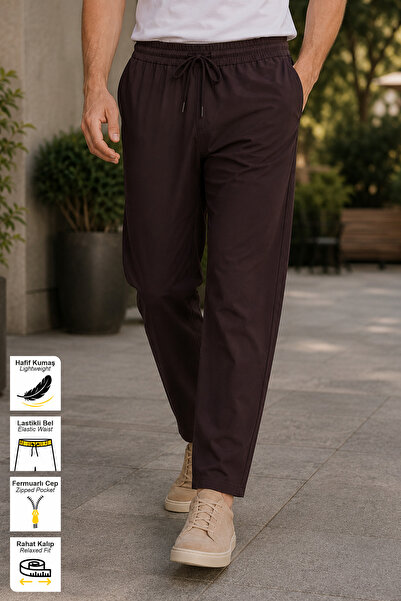 BESSA Brown Summer Sweatpants Light Fabric Sporty Straight Leg Zipper Pocket ...