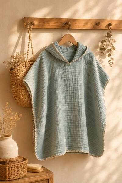 Heianmono Kids 4 Layer Shepherd's Stitched Muslin Baby / Kids Poncho - Mint G...
