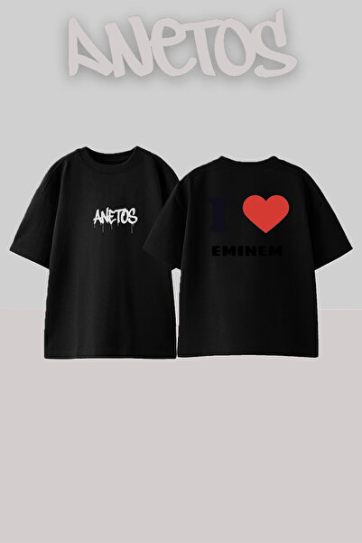 Anetos Μαύρο μπλουζάκι Eminem_38 με στάμπα σχεδίου, Unisex, Oversize