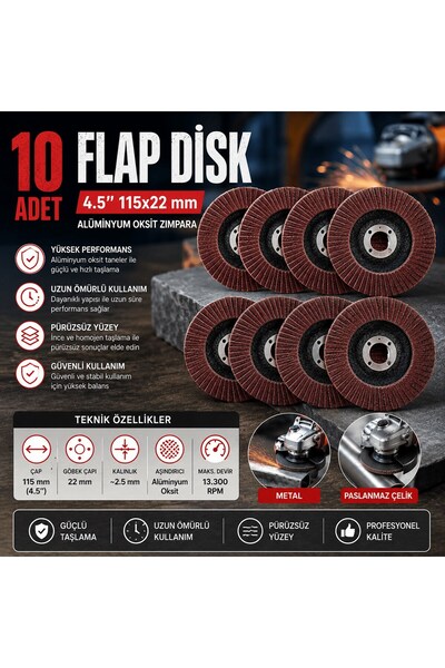 Trendhane 10 Adet Profesyonel Flap Disk Seti, 115mm Zımpara Taşı,