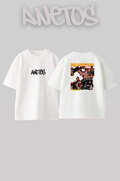 Anetos Λευκό μπλουζάκι με στάμπα Pulp Fiction Design, Unisex, Oversize