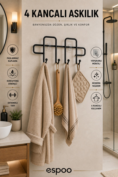 Espoo Design Yapışkanlı Banyo Askısı Siyah Metal Askılık Duvar Askı Organizer...