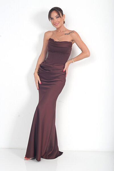 By Saygı Women's Strapless Lined Draped Crepe Satin Long Dress