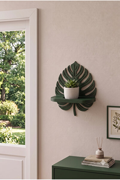 3D Dekoratif Monstera Yaprak Duvar Rafı - Sukulent ve Mum Standı