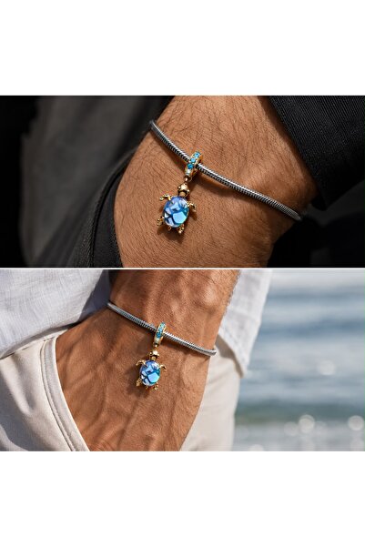 Lovecharm S925 Gold Renk Deniz Kaplumbağası Mavi Murano Charm