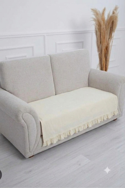 linea natura home Keten Fırfırlı 2 Kişilik Koltuk Örtüsü Bohem Dekoratif Kane...