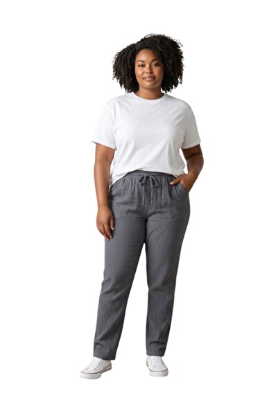 MODA Women's Plus Size Elastic Waist Skinny Leg Muslim Linen Trousers