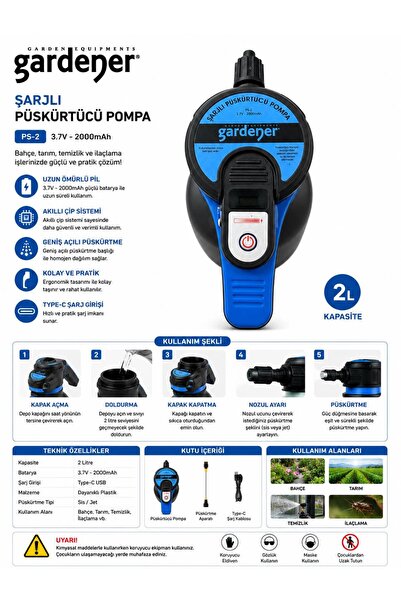 Gardener PS-2 Şarjlı Püskürtücü Pompa 2 Litre Type-C USB Şarjlı Basınçlı İlaç...