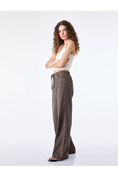 Koton Pamuklu Rahat Kalıp Beli Bağcıklı Çizgili Pantolon - Loose Straight Fit...