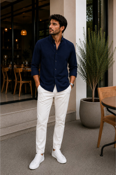 mavisima erkek giyimi Men's Navy Blue Summer Breathable Linen Textured Aerobi...