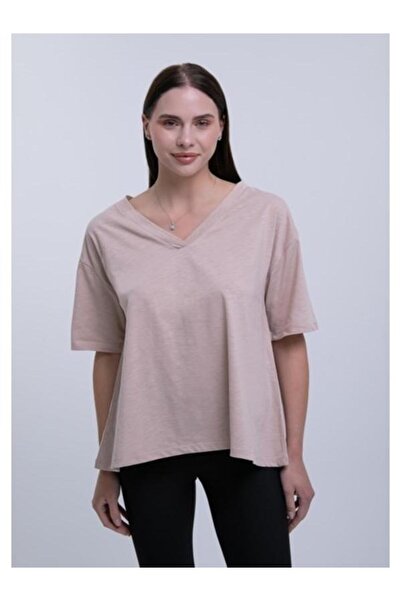 MODAM DENSTINY Women's V-Neck White Flared Oversize Short Sleeve Cotton T-Shirt