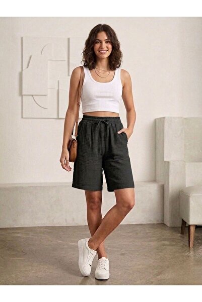 Flubutik Women's Black Muslin Cotton Short Shorts