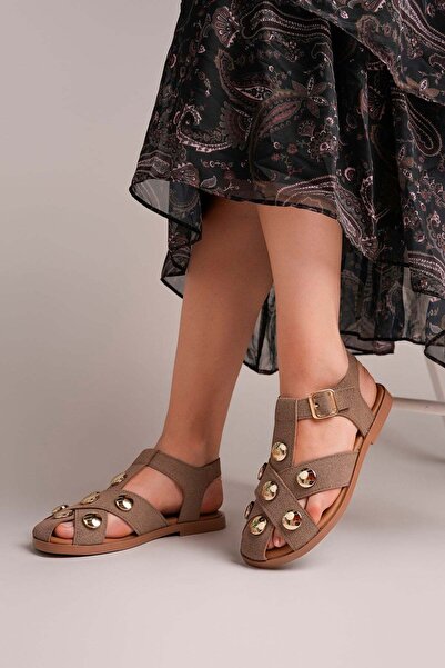 SEFERİ Mink Side Buckle Buttoned Closed Front Comfortable Short Heeled Sandal...