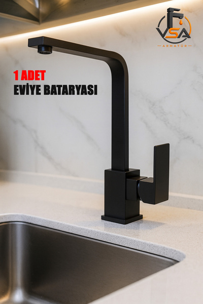 VSA Yeni Mat Siyah 7 Parça Banyo & Mutfak Batarya Seti | 2 Duş Seti + 2 Lavabo Bataryası + 2 Banyo Bataryası + 1 Eviye Bataryası