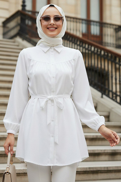 N.S NEVA STYLE Düğmeli Beyaz Tesettür Tunik 10184B