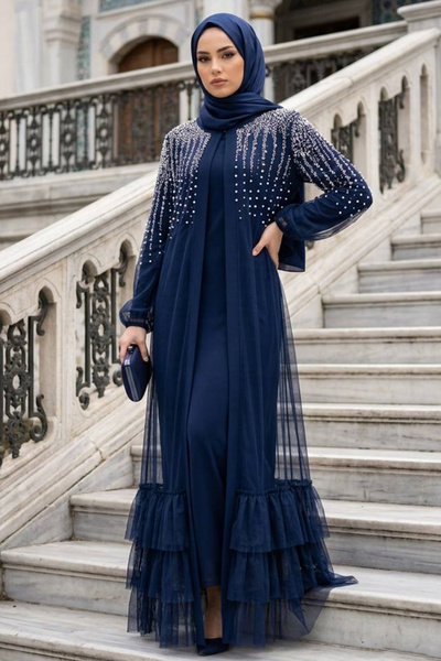 Neva Style Abaya din tul bleumarin cu volane și broderie cu pietre 60882L